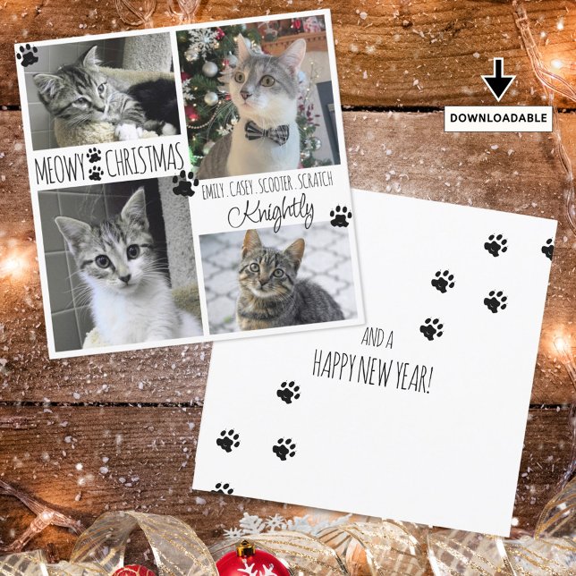 Funny Cat 4 Foto Paw Prints MEOWY CHRISTMAS Karte (Von Creator hochgeladen)
