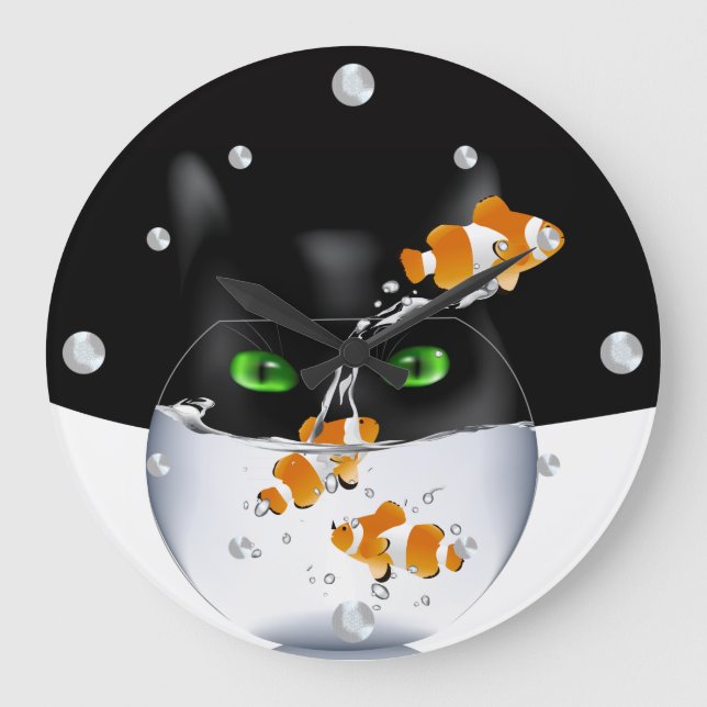 Funny Cat and Clownfish Wall Clock Große Wanduhr (Vorderseite)