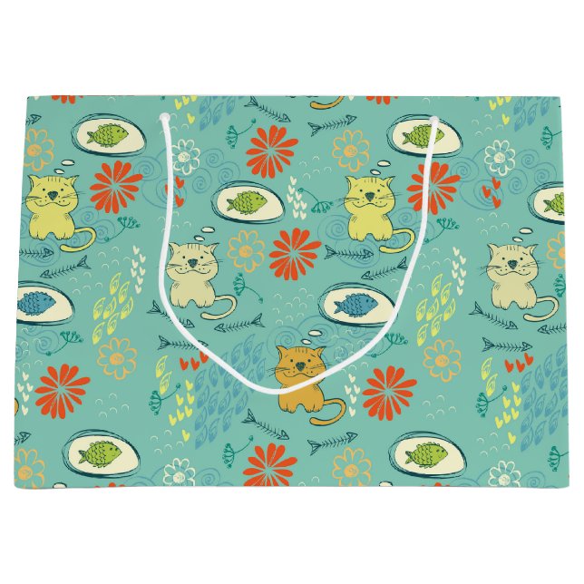 Funny Cat and Fish Große Geschenktüte (Vorderseite)