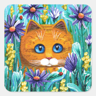 Funny Cat Art Orange Tabby Blume Quadratischer Aufkleber