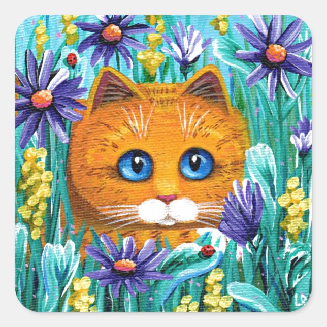 Funny Cat Art Orange Tabby Blume Quadratischer Aufkleber (Vorderseite)
