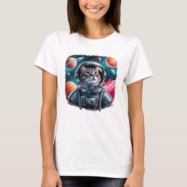 Funny Cat Astronaut im Weltraum T-Shirt (Vorderseite)