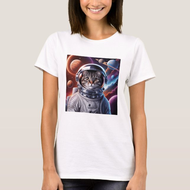 Funny Cat Astronaut im Weltraum T-Shirt (Vorderseite)