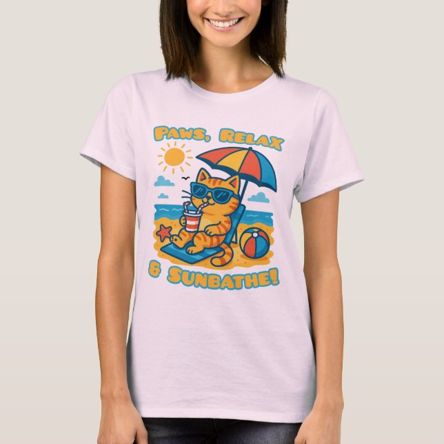 Funny Cat Beach T - Shirt - Paws, Relax & Sunbathe (Vorderseite)