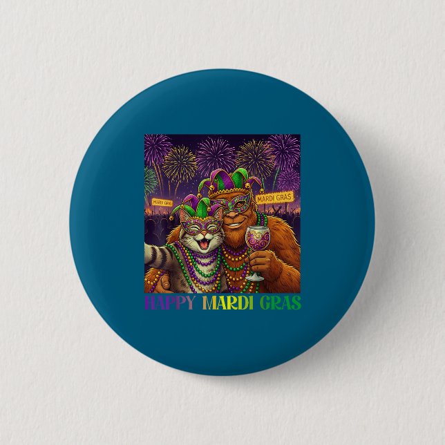 Funny Cat Bigfoot Selfie Mardi Gras Carnival Party Button (Vorderseite)