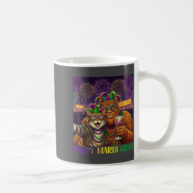 Funny Cat Bigfoot Selfie Mardi Gras Carnival Party Kaffeetasse (Rechts)