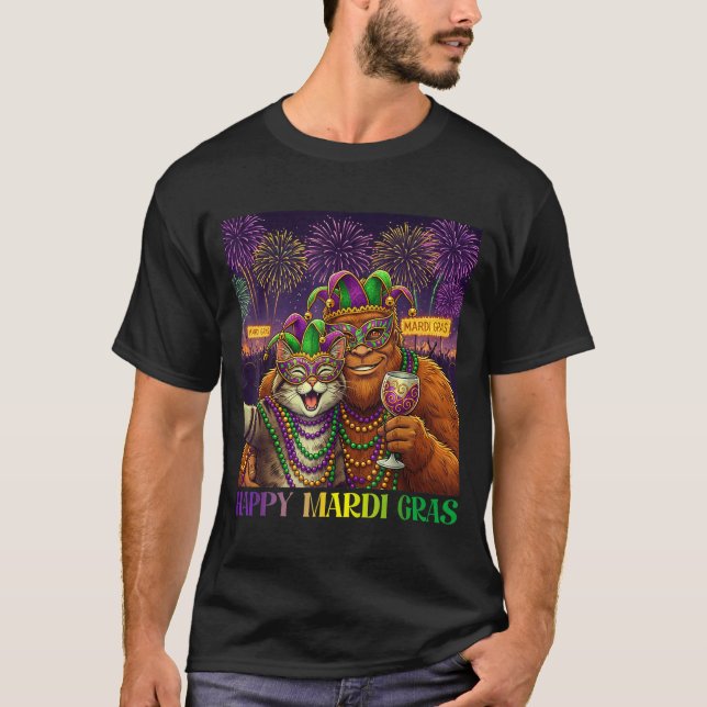 Funny Cat Bigfoot Selfie Mardi Gras Carnival Party T-Shirt (Vorderseite)