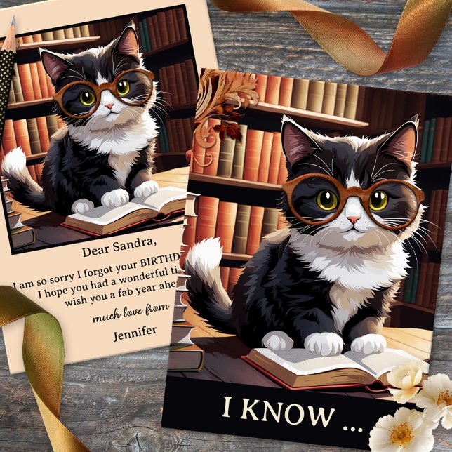 Funny Cat Books Belated Geburtstag Karte (Belated Birthday card featuring a cute kitty with glasses in a library or room with lots of books. )