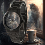 Funny Cat Caturday Coffee Armbanduhr<br><div class="desc">Eine künstlerische Uhr mit einem Gemälde einer gruseligen Katze,  die einen Kaffee trinkt. Fügen Sie Ihre eigenen lustigen oder anderen Texte hinzu.</div>