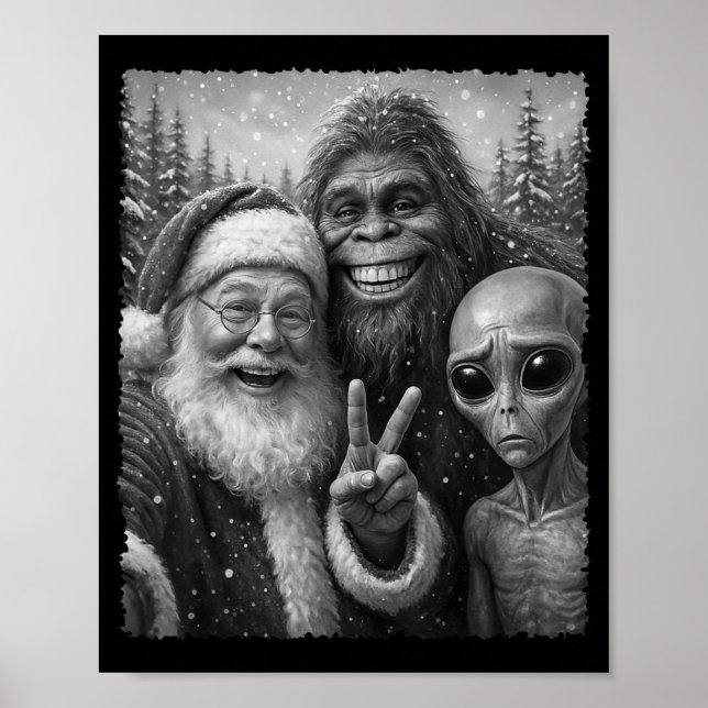 Funny Cat Christmas Bigfoot Alien Santa Snow Selfi Poster (Vorne)