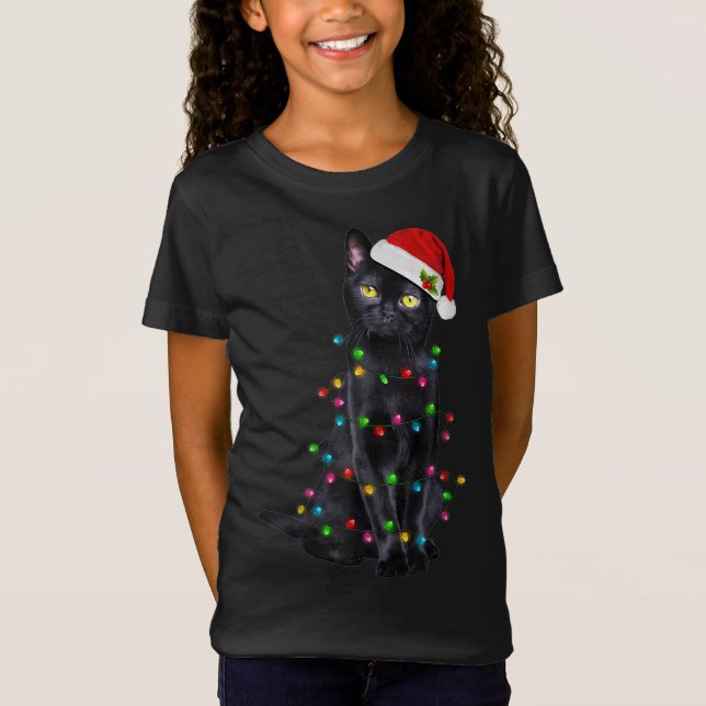 Funny Cat Christmas Lights Weihnachtsmannmütze Bla T-Shirt (Vorderseite)