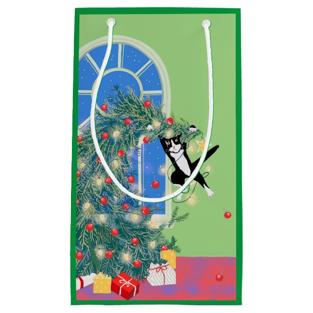 Funny Cat Christmas Tree Kleine Geschenktüte (Vorderseite)