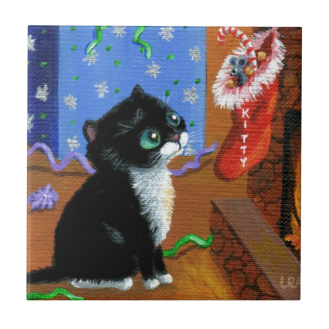 Funny Cat Christmas Tuxedo Kitten Maus Fliese (Vorderseite)