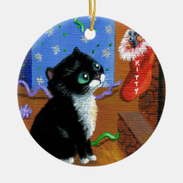 Funny Cat Christmas Tuxedo Kitten Maus Keramik Ornament (Vorne)