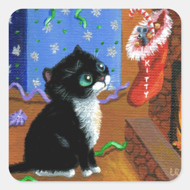 Funny Cat Christmas Tuxedo Kitten Maus Quadratischer Aufkleber (Vorderseite)