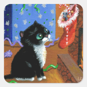 Funny Cat Christmas Tuxedo Kitten Maus Quadratischer Aufkleber