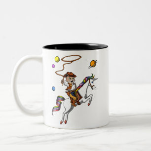Funny Cat Cowboy Reiten Einhorn Weltraum Zweifarbige Tasse