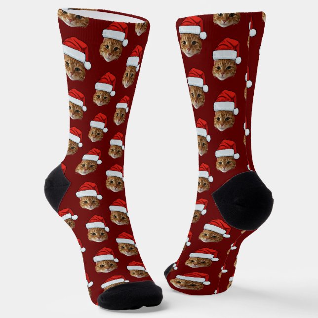 Funny Cat Custom Face Foto Weihnachtsmannmütze Wei Socken (Gewinkelt)