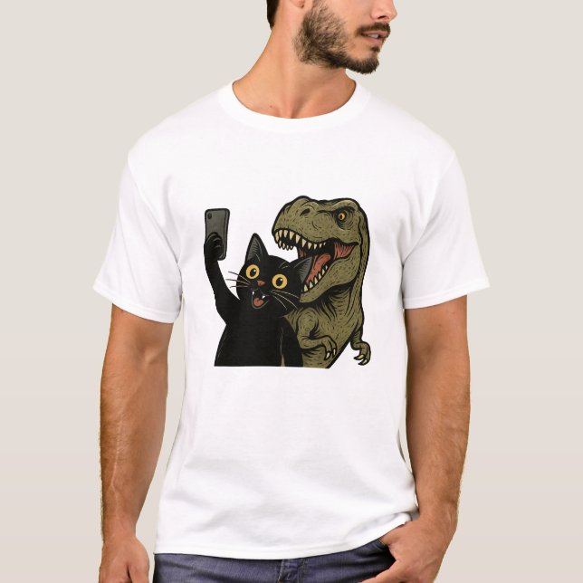 Funny Cat Dinosaur Selfie, Cool Dinosaur Lover T-Shirt (Vorderseite)