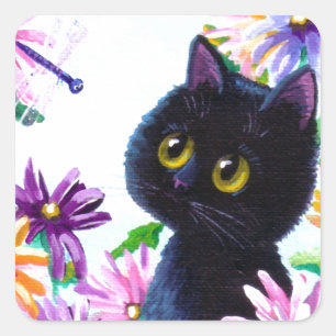 Funny Cat Dragonfly Daisies Creationarts Quadratischer Aufkleber