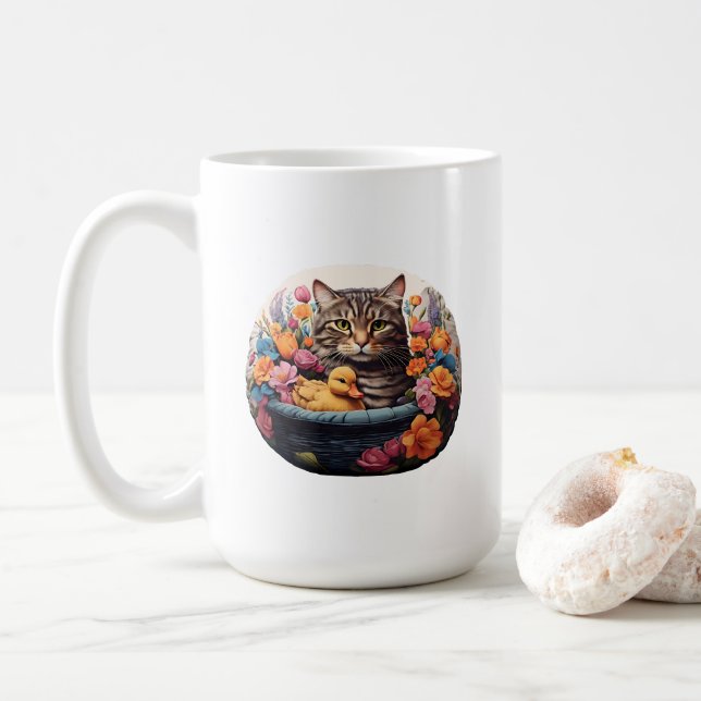 Funny Cat & Duck in einem Korb mit Blume Kaffeetasse (Mit Donut)