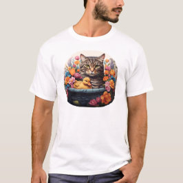 Funny Cat & Duck in einem Korb mit Blume T-Shirt
