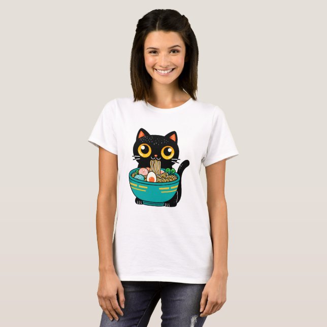 Funny Cat Eating Ramen Japanisch Cat Ramen Noodles T-Shirt (Vorne ganz)