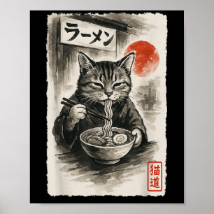 Funny Cat Eating Ramen Noodles Sumi-e Japanisch Ka Poster