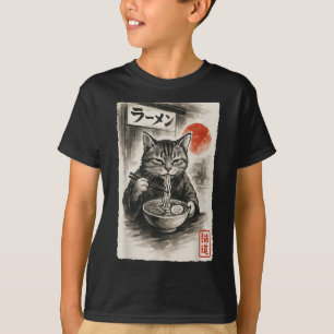 Funny Cat Eating Ramen Noodles Sumi-e Japanisch Ka T-Shirt