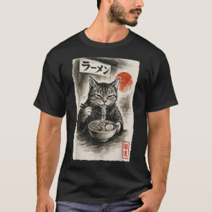 Funny Cat Eating Ramen Noodles Sumi-e Japanisch Ka T-Shirt