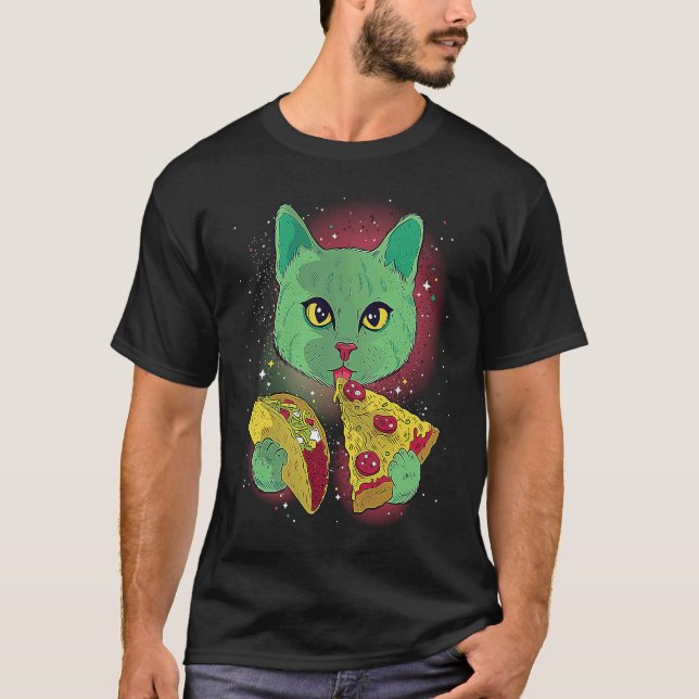 Funny Cat Eating Tacos and Pizza in Outer Space T  T-Shirt (Vorderseite)