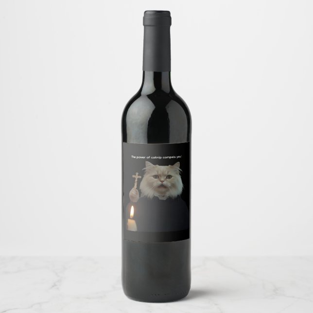 Funny Cat Exorcist Wine Label - Catnip Compels You Weinetikett (Vorderseite)