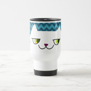 Funny Cat Face   Blue Zig Zag Muster Travel Mug Reisebecher