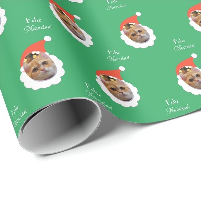 Funny Cat Face Frohe Weihnachten Spanisches Foto Geschenkpapier (Rolleneckpunkt)