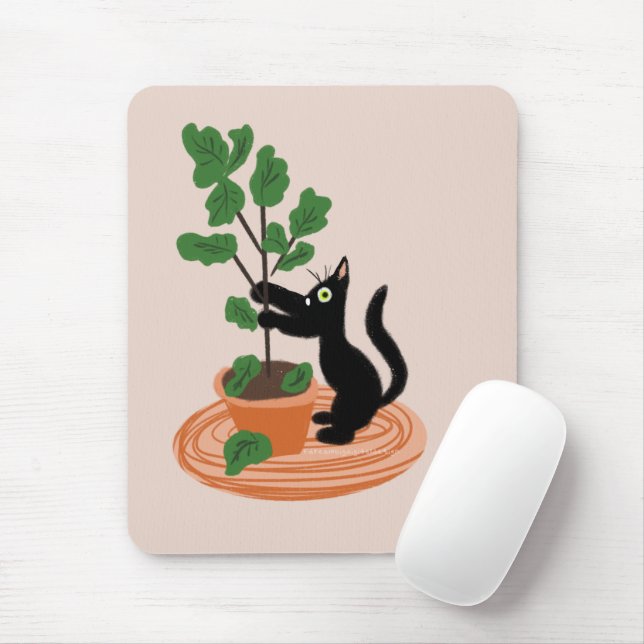 Funny Cat Fig Tree gepunktete Pflanze Hand gezogen Mousepad (Mit Mouse)