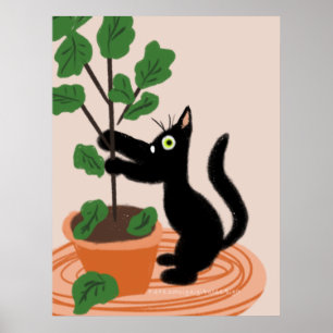 Funny Cat Fig Tree gepunktete Pflanze Hand gezogen Poster