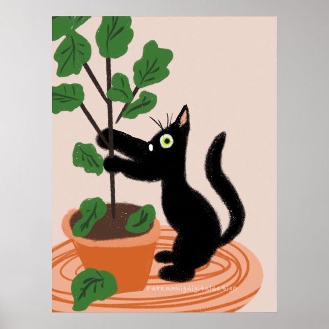 Funny Cat Fig Tree gepunktete Pflanze Hand gezogen Poster (Vorne)