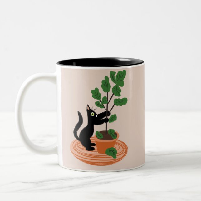 Funny Cat Fig Tree gepunktete Pflanze Hand gezogen Zweifarbige Tasse (Links)