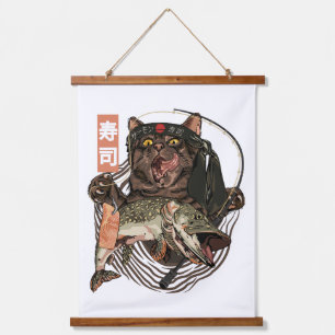 Funny Cat Fischen Japanisch Wandteppich Mit Holzrahmen