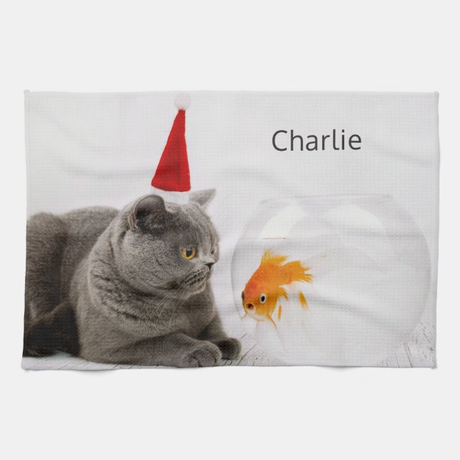 Funny Cat & Fish individuelle Name Handtuch (Horizontal)