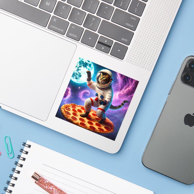 Funny Cat Flying A Pizza Astronaut Kitty Space Aufkleber (Laptop mit iPhone)