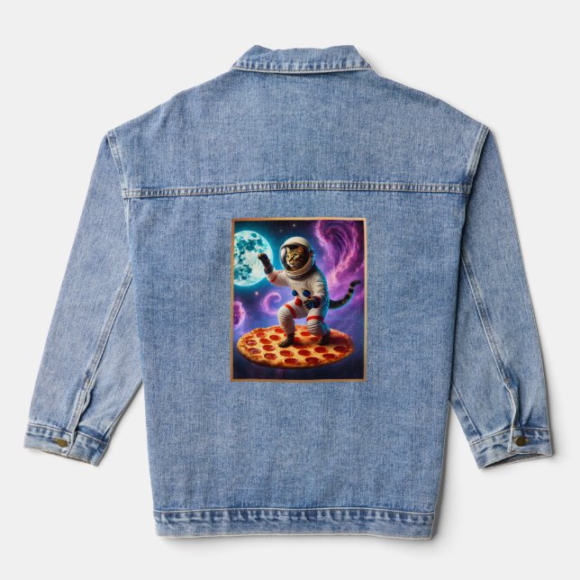 Funny Cat Flying A Pizza Astronaut Kitty Space Jeansjacke (Rückseite)