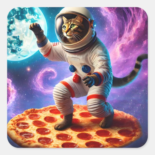 Funny Cat Flying A Pizza Astronaut Kitty Space Quadratischer Aufkleber (Vorderseite)