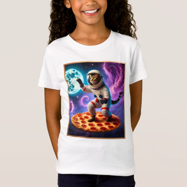 Funny Cat Flying A Pizza Astronaut Kitty Space T-Shirt (Vorderseite)