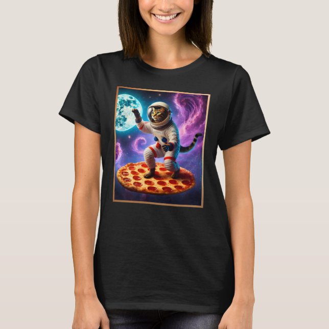 Funny Cat Flying A Pizza Astronaut Kitty Space T-Shirt (Vorderseite)