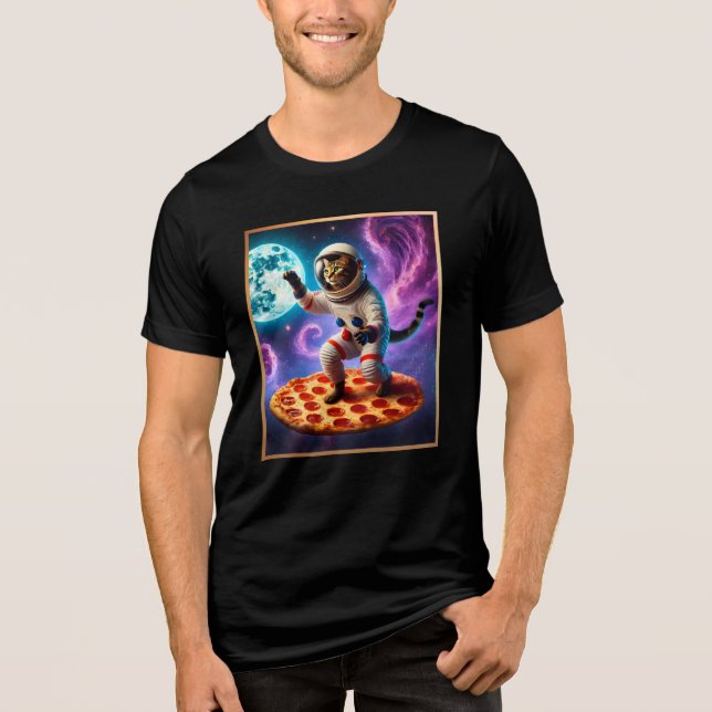 Funny Cat Flying A Pizza Astronaut Kitty Space Tri-Blend Shirt (Vorderseite)
