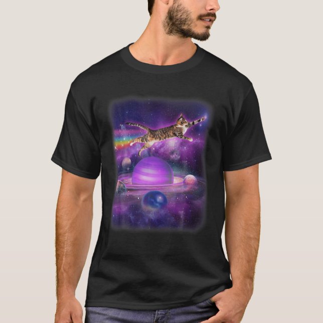 Funny Cat Flying in Space Rainbow Cat Kitten Flugz T-Shirt (Vorderseite)