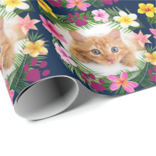 Funny Cat Foto Navy Blue Tropical Hawaiian Geschenkpapier