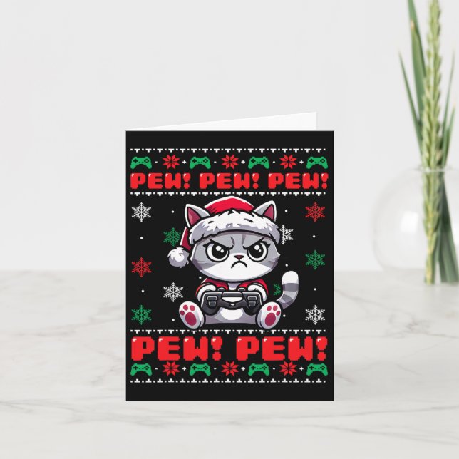 Funny Cat Gamer Pew Video Game Ugi Weihnachtsjunge Karte (Vorderseite)