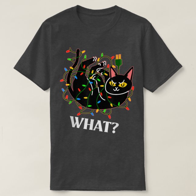 Funny Cat getangled in Christmas Tree Lights sagt  T-Shirt (Design vorne)